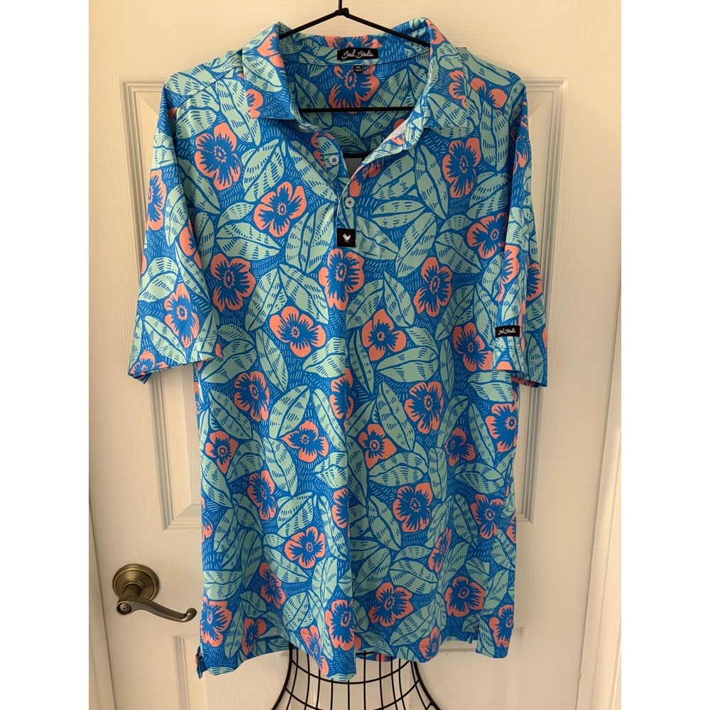 Bad Birdie Golf Polo Mens 3XL Blue Coral Floral Performance Shirt Stretch